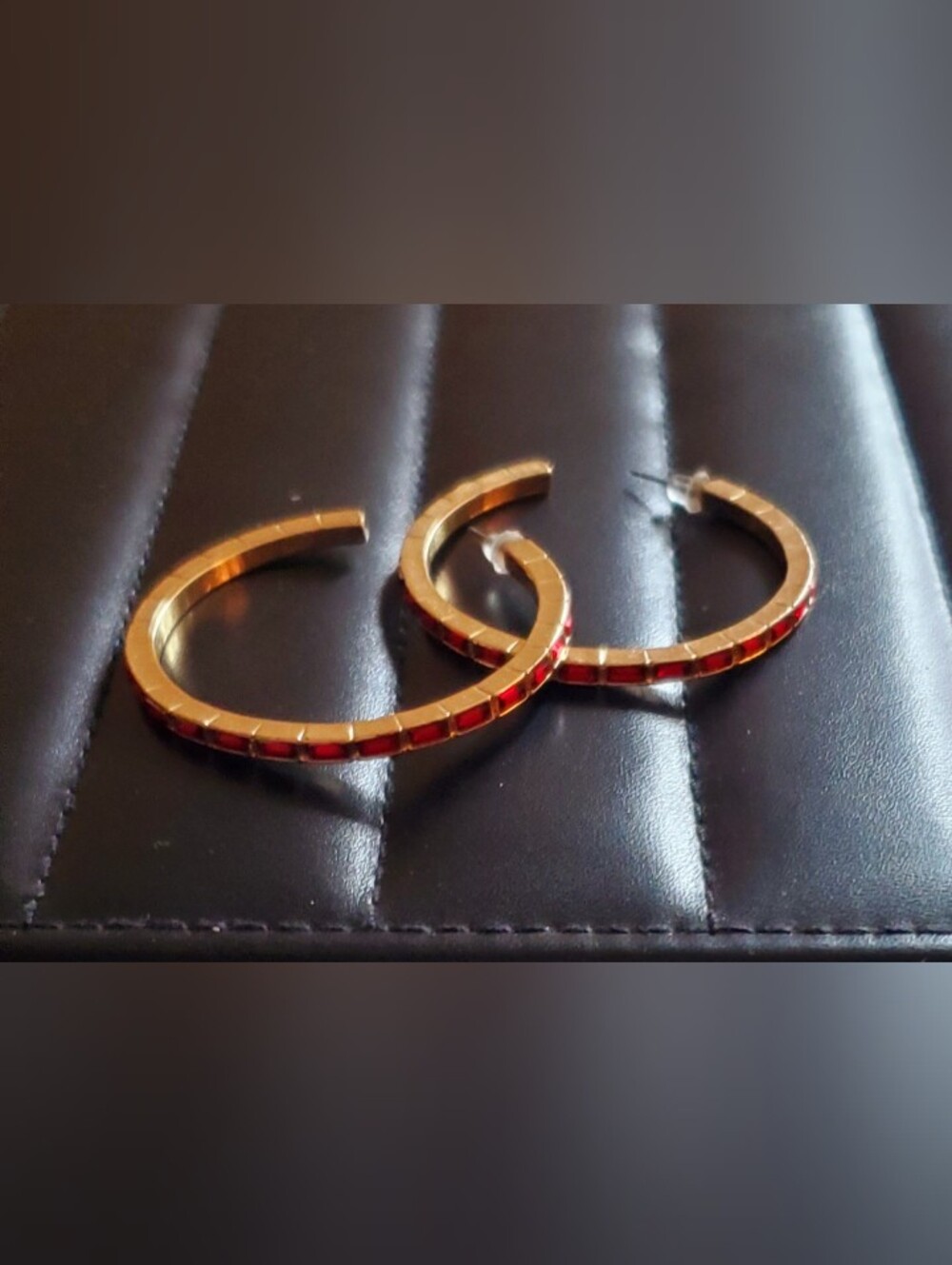 Ruby Red Channel Set Gold Hoop Statement Earrings 2-Inch